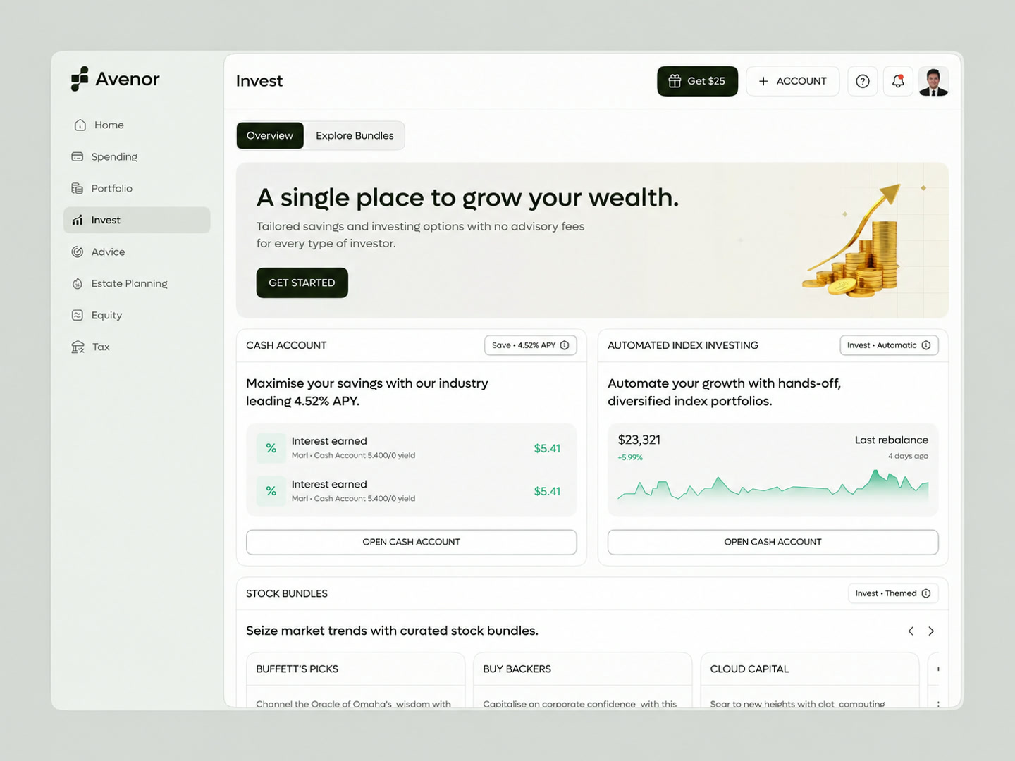 Investment interface visual study, using the supplied Savexa reference with the name Avenor