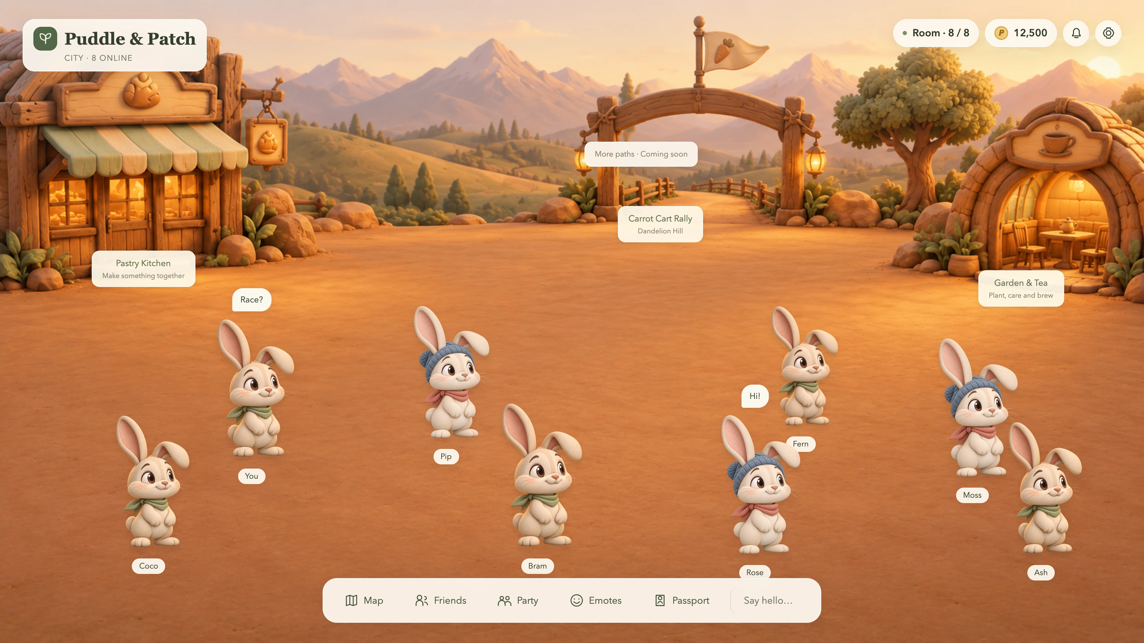 Baseline city with repeated character poses, flat badges and thin utility navigation