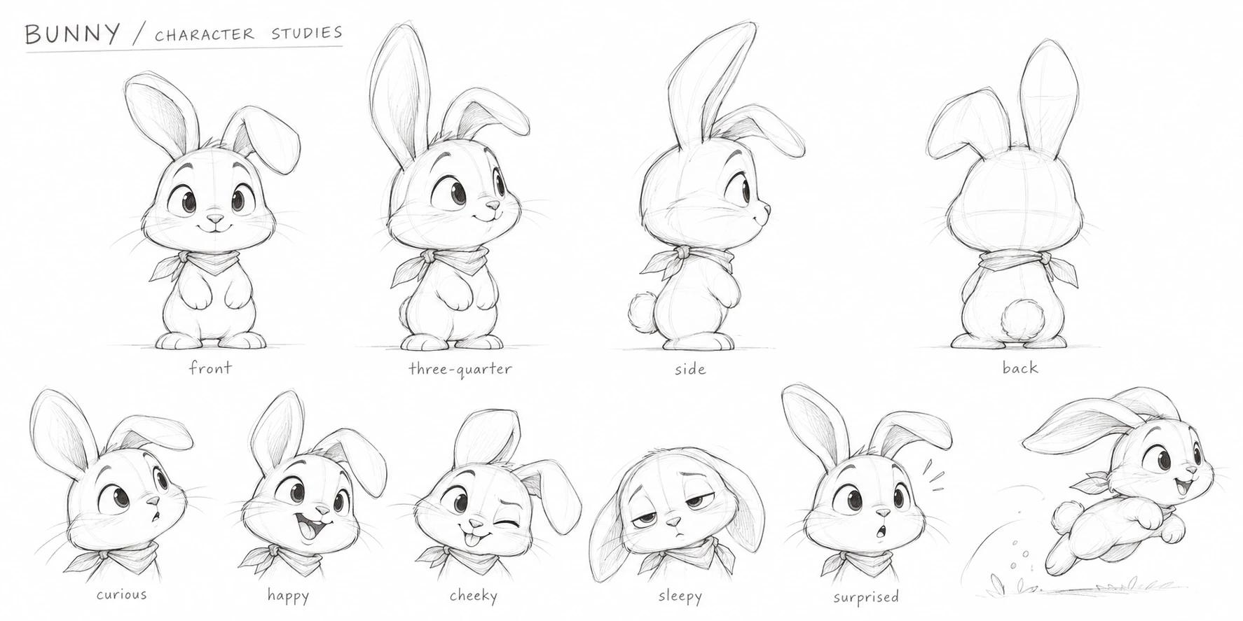 Character pencil sheet showing views and expressions