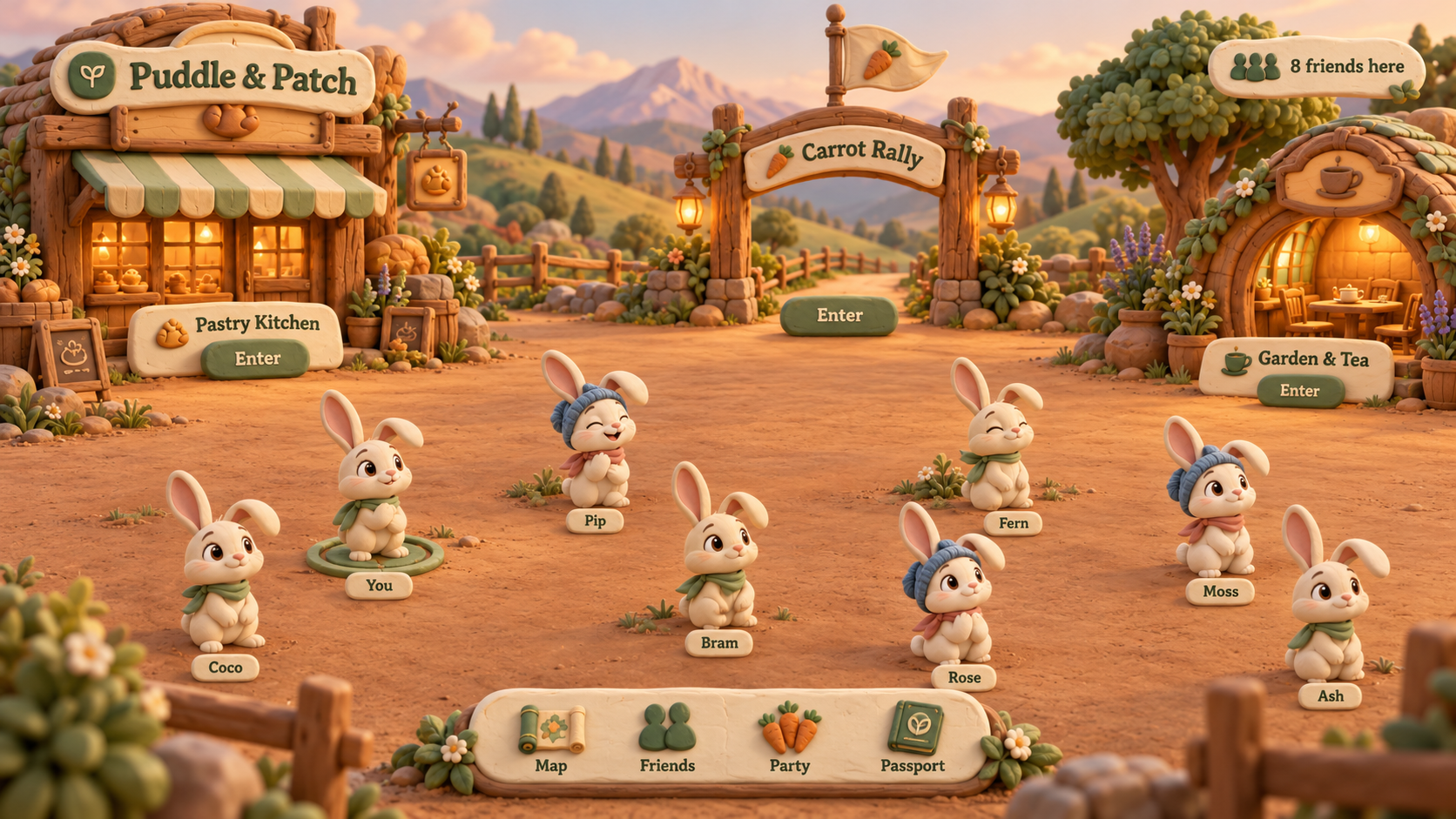 Proposed coherent clay city with sculpted badge, tactile destination buttons, eight smooth bunnies, local player ring and modeled navigation objects