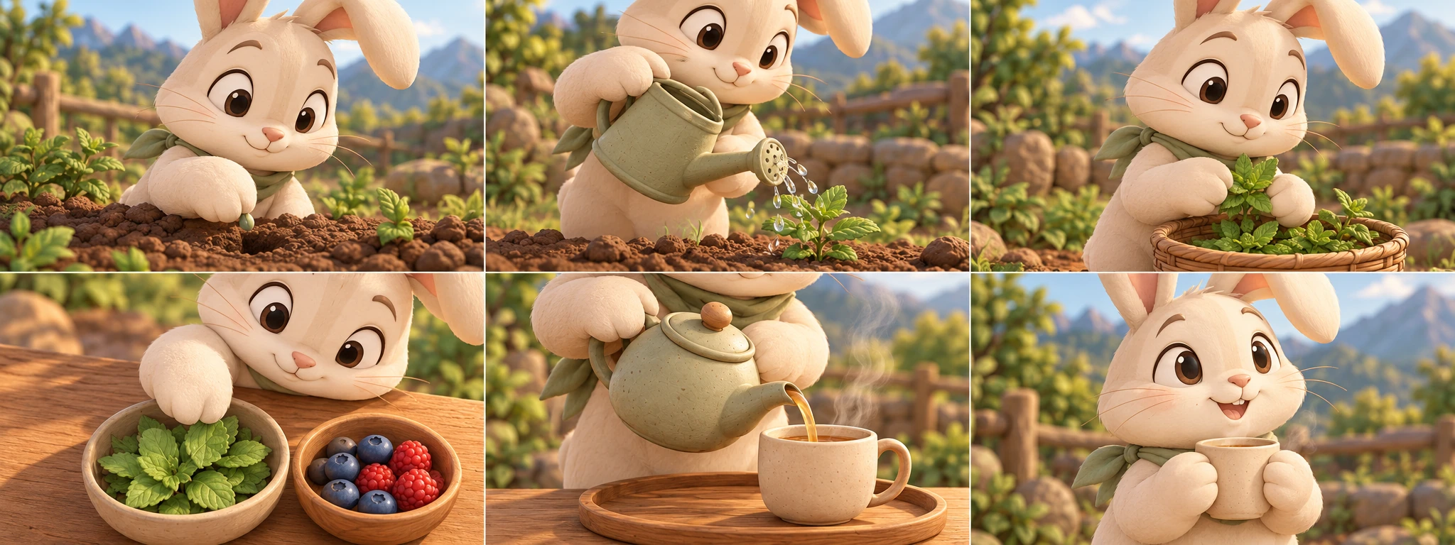 Rendered camera studies of the same garden actions