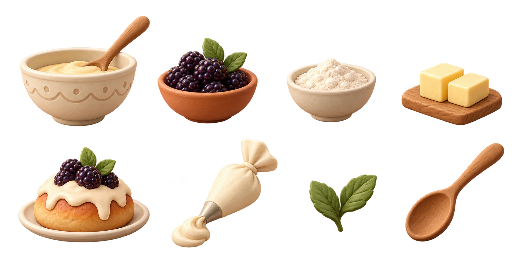 Rendered pastry props: bowl, berries, flour, butter, bun, piping bag, garnish and spoon