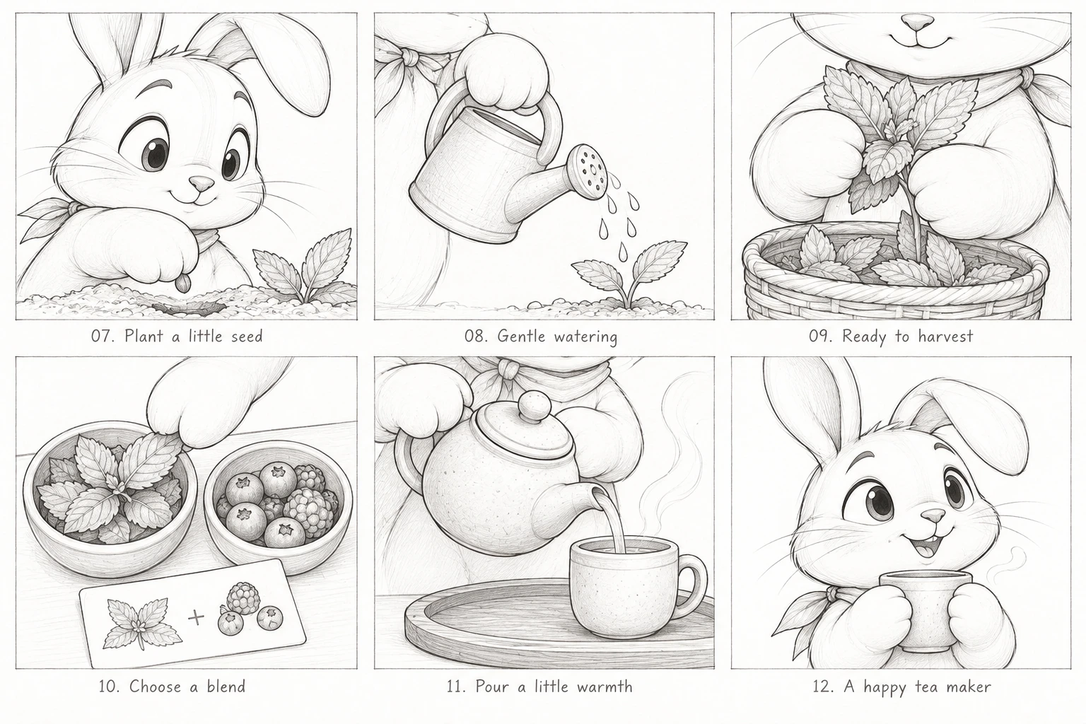 Pencil camera studies for planting, watering, harvesting and tea
