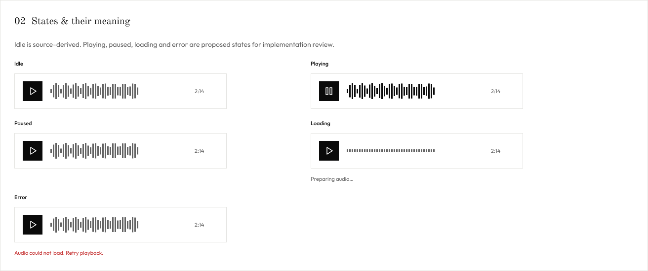 Audio interaction states and recovery feedback.