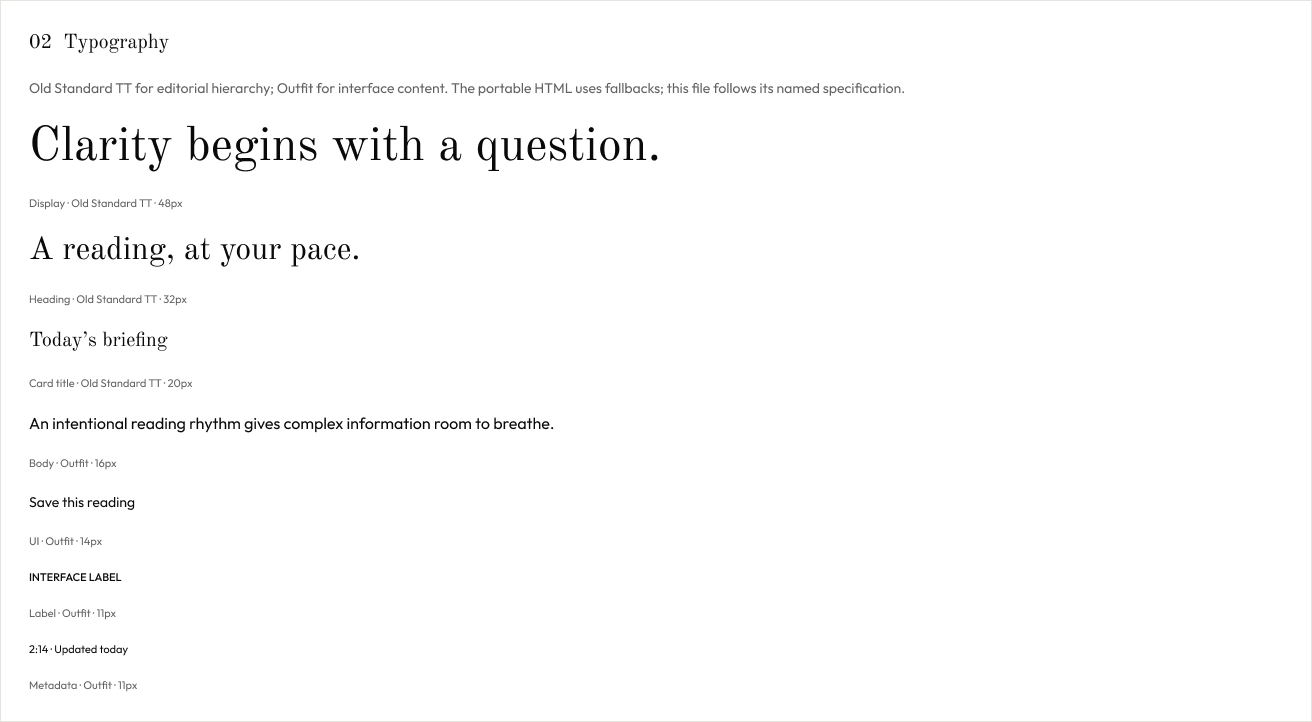 Typography: the actual Old Standard TT and Outfit text styles in Figma.